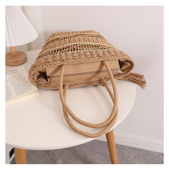 Boho Canvas-Style Straw Tote | Woven Summer Bag Lining & Tassel | Coffee Brown - Picture 3 of 3